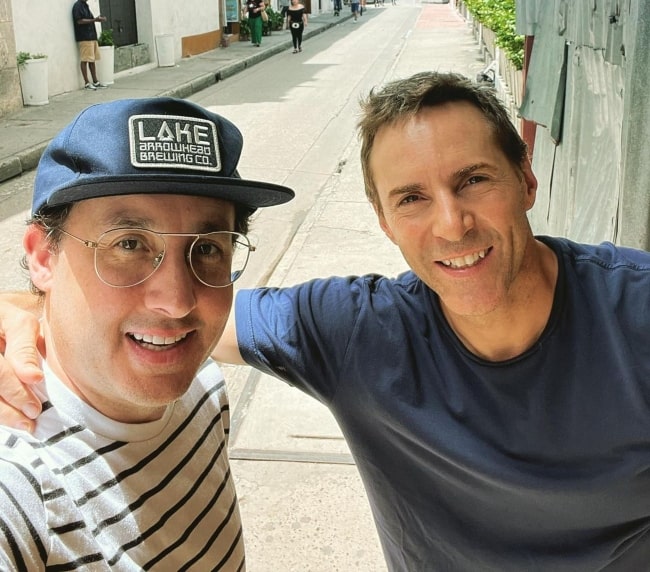 P. J. Byrne (Left) smiling in a selfie with Alessandro Nivola in Cartagena, Colombia in October 2022