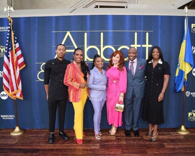 Quinta Brunson seen with the cast of Abbott Elementary in June 2022