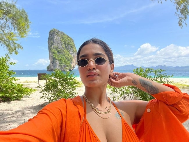 Saniya Iyappan as seen while taking a selfie in Krabi, Thailand in July 2022