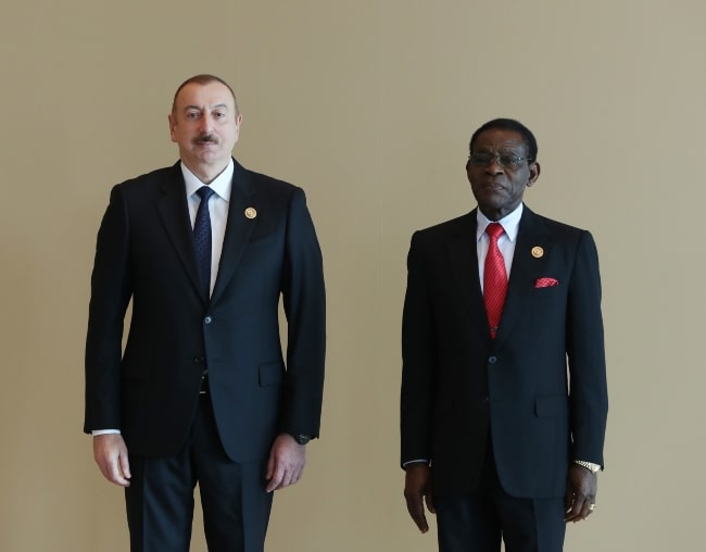 Teodoro Obiang Nguema Mbasogo (Right) as seen while posing for the camera with the President of Azerbaijan Ilham Aliyev in 2019