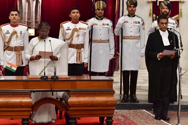 The President of India, Droupadi Murmu administering the oath of office to Justice DY Chandrachud as the Chief Justice of the Supreme Court of India at a Swearing-in-Ceremony in Rashtrapati Bhavan
