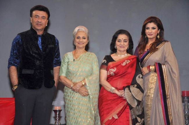 From Left to Right - Anu Malik, Waheeda Rehman, Asha Parekh, and Raveena Tandon on Raveena's NDTV chat show in 2012