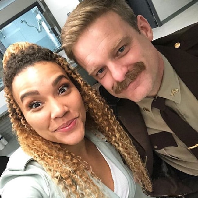 Matt Biedel as seen in a selfie with Emmy Raver-Lampman on the set of The Umbrella Academy in March 2019, in Toronto, Ontario