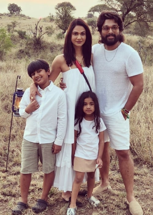 Sneha Reddy as seen in a picture with her husband Allu Arjun and their children Ayaan and Arha in July 2022, in Serengeti National Park, Tanzania