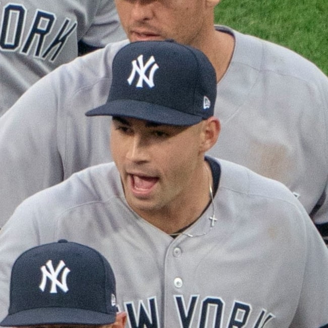 Tyler Wade with The New York Yankees celebrating a victory over the Baltimore Orioles at Oriole Park at Camden Yards in Baltimore, Maryland, on April 4, 2019