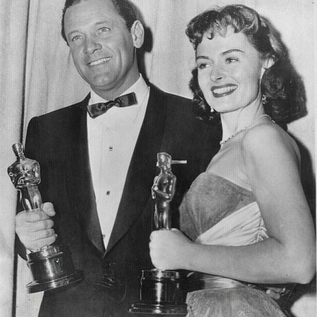 William Holden and Donna Reed seen holding their Academy Awards in 1954