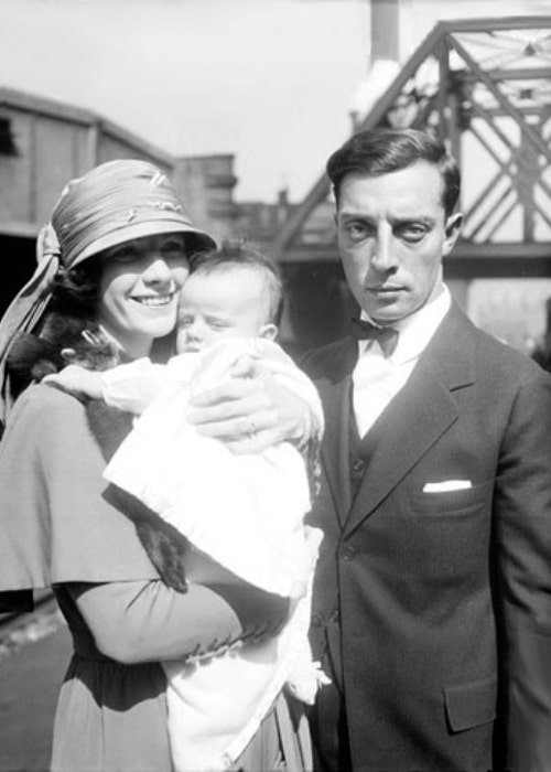 Buster Keaton as seen while posing for a picture with Natalie Talmadge and their son Joseph in 1922