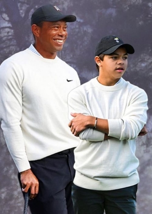 Charlie Axel Woods as seen in a picture with his father Tiger Woods in December 2022, at the The Ritz-Carlton Orlando, Grande Lakes