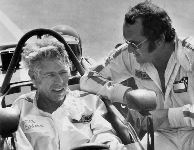 James Coburn (Left) and racecar driver Bob Bondurant in 1972