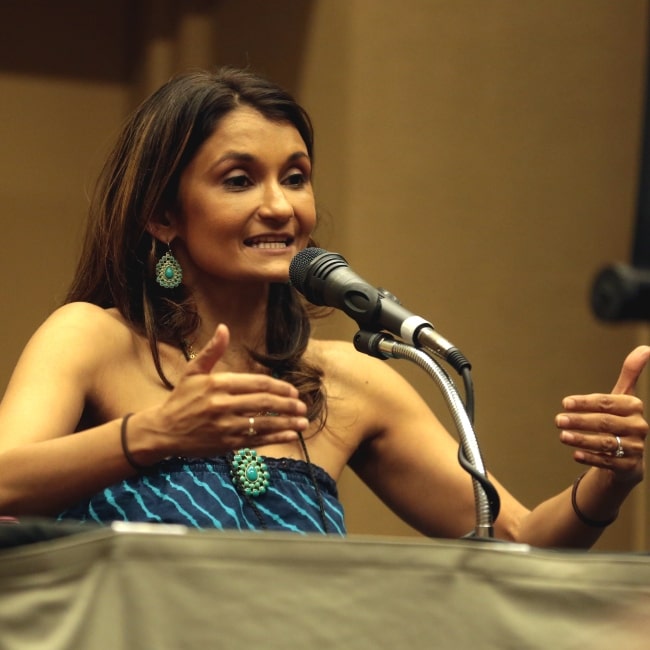 Anjali Bhimani speaking with attendees at the 2017 Game On Expo, for The Voices of Overwatch, Fallout 4, World of Warcraft, at the Phoenix Convention Center in Phoenix, Arizona