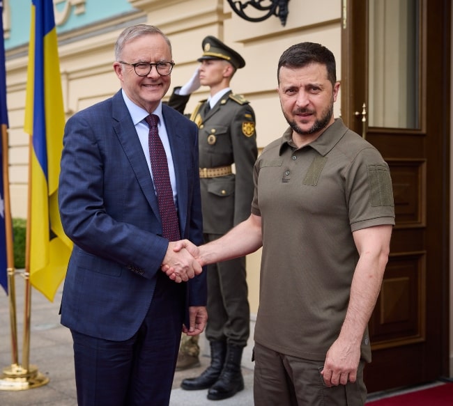 Anthony Albanese (Left) posing for the camera while visiting Ukrainian President Volodymyr Zelenskyy in Kyiv in 2022