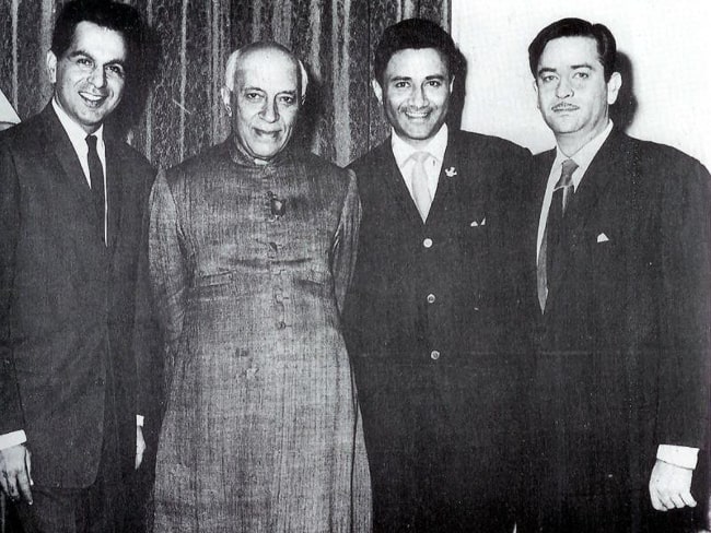 From Left to Right - Dilip Kumar, Prime Minister Jawaharlal Nehru, Dev Anand, and Raj Kapoor in the 1950s