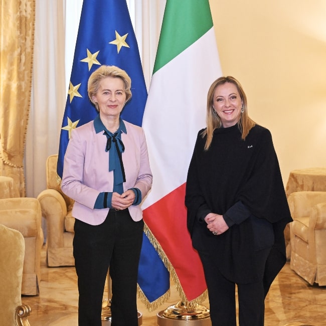 Giorgia Meloni and German politician Ursula von der Leyen during a visit in January 2023