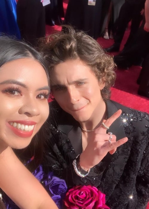 Rachel Javier as seen in a selfie with actor Timothée Chalamet in March 2022, at The Oscars Red Carpet