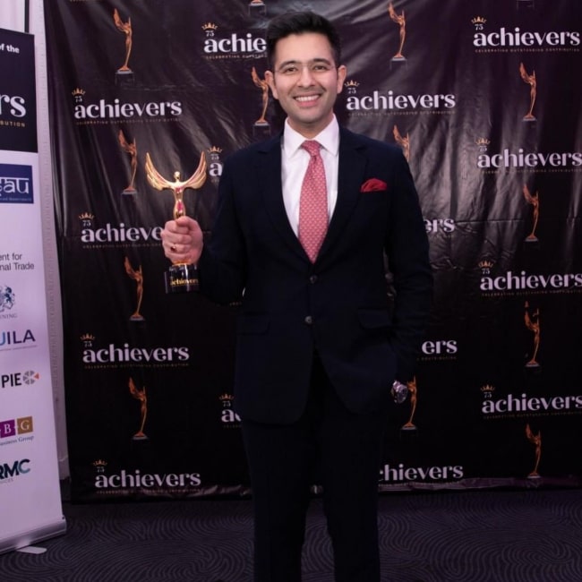 Raghav Chadha as seen in a picture with an India UK Outstanding Achievers Award’ in London in January 2023