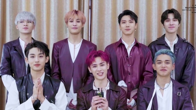 WayV as seen in December 2019 (From Left to Right, standing - Xiaojun, Yangyang, Ten, and Hendery; From Left to Right, sitting - Winwin, Kun, and Lucas)