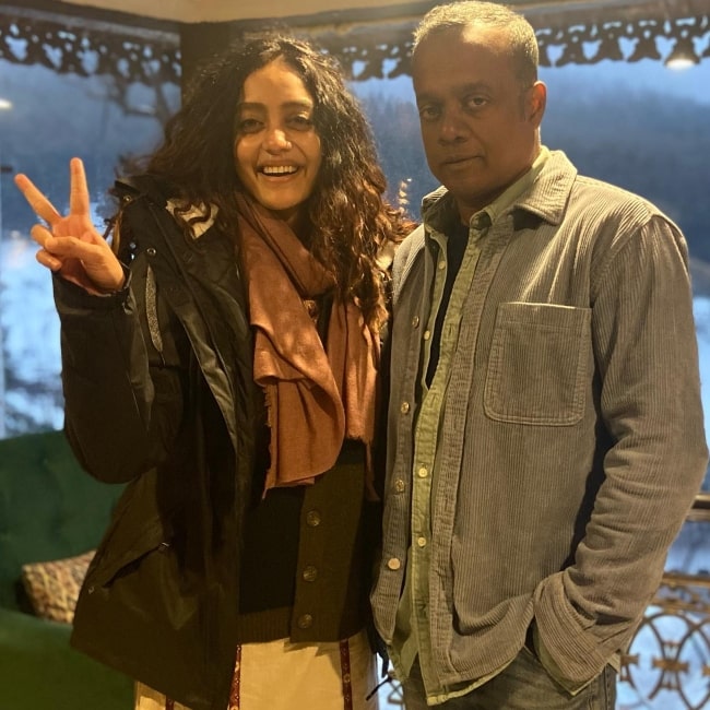 Abhirami Venkatachalam as seen in a picture with film ditector, producer, and actor Gautham Menon in February 2023