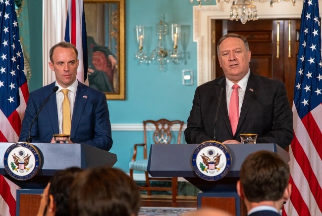 Dominic Raab (Left) and U.S. Secretary of State Michael R. Pompeo in a joint press availability at the U.S. Department of State in Washington, D.C., in 2019