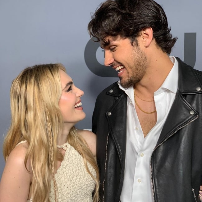 Drake Rodger and Meg Donnelly pictured at an event in May 2022