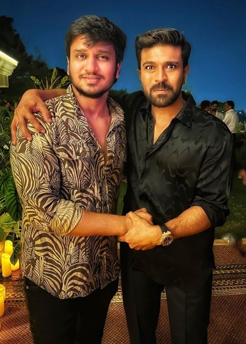 Nikhil Siddhartha (Left) and Ram Charan posing for a picture in March 2023