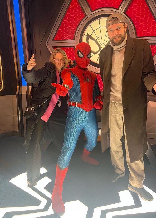 Pilou Asbæk as seen posing with Spiderman alongwith his wife at Disneyland Paris in February 2023