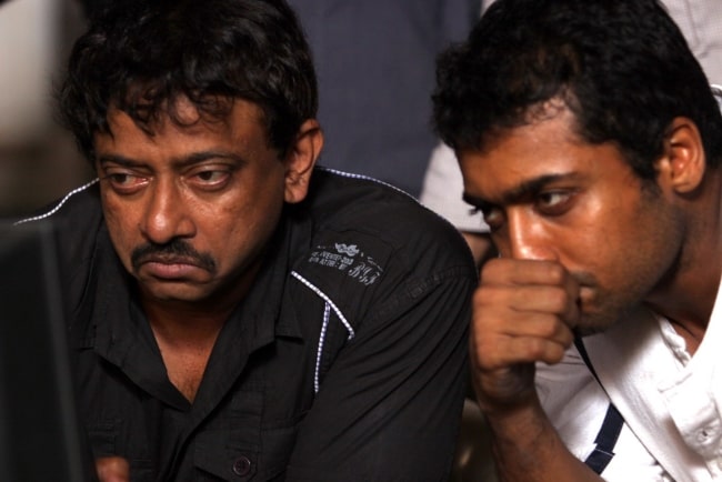 Ram Gopal Varma (Left) and Suriya on the sets of 'Rakta Charitra 2' in 2012