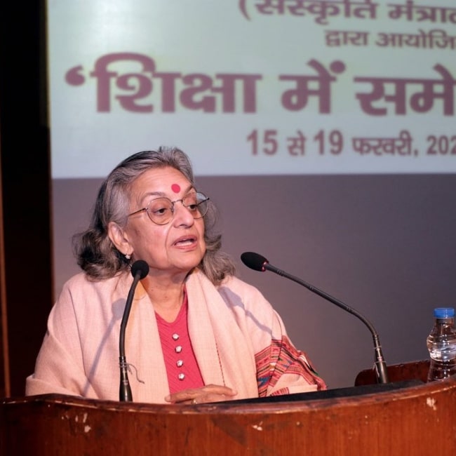 Sohaila Kapur as seen in a picture taken during a lecture at the Centre for Cultural Resources and Training in New Delhi in February 2023