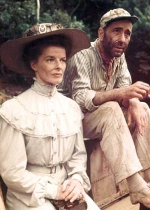 An image of Katharine Hepburn and Humphrey Bogart as seen during the production of The African Queen