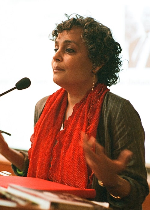 Arundhati Roy as seen while speaking at the Jamia Millia Islamia University in Delhi in March 2014
