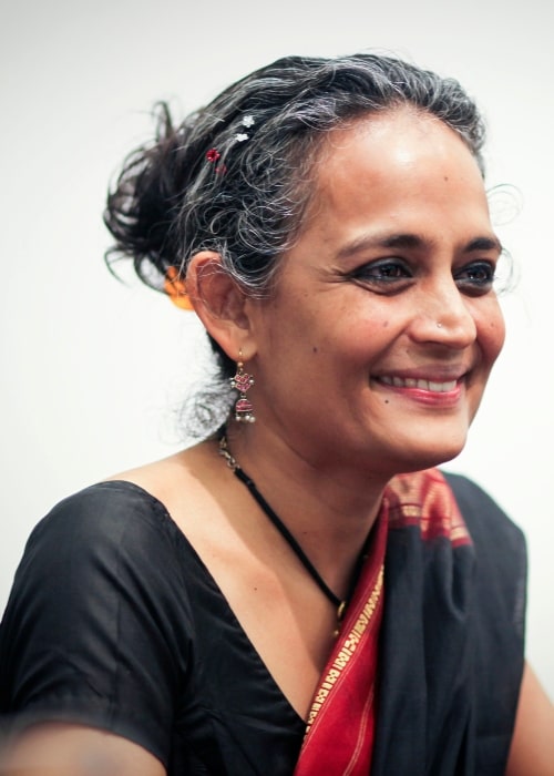 Arundhati Roy snapped while delivering a talk 'Can We Leave the Bauxite in the Mountain? Field Notes on Democracy' at the Harvard Kennedy School on April 1, 2010