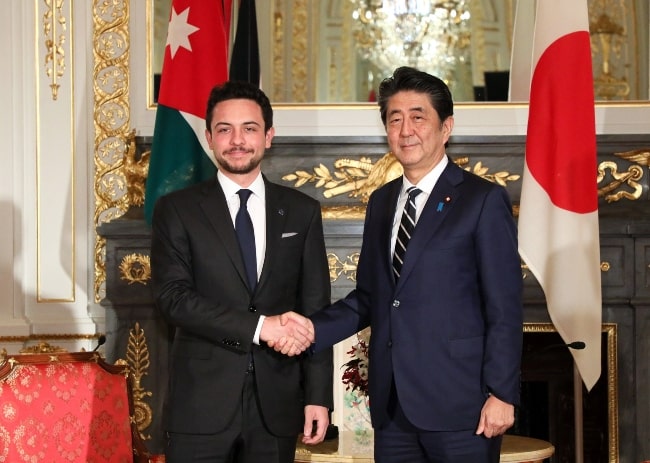 Hussein, Crown Prince of Jordan (Left) and Shinzo Abe (Former Prime Minister of Japan) during a meeting at the Guest House Akasaka Palace in Tokyo, Japan in 2019