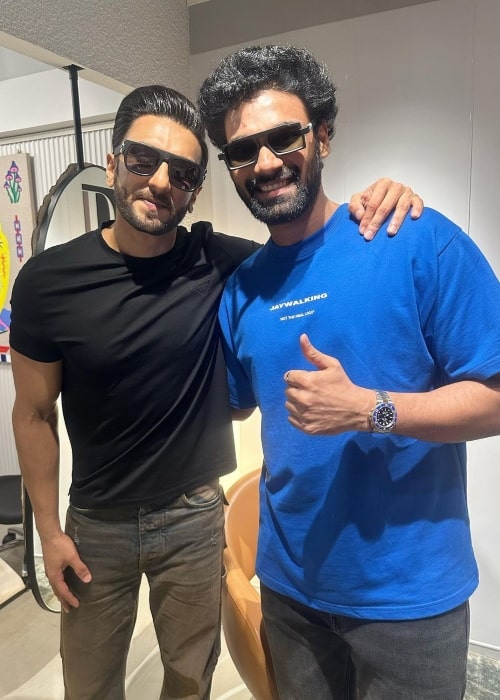 Sreenivas Bellamkonda (Right) smiling for the camera alongside Ranveer Singh in March 2023