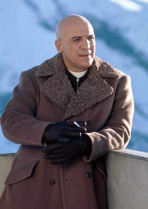 Telly Savalas as seen on the set of 'On Her Majesty's Secret Service' (1969) at Piz Gloria, Switzerland