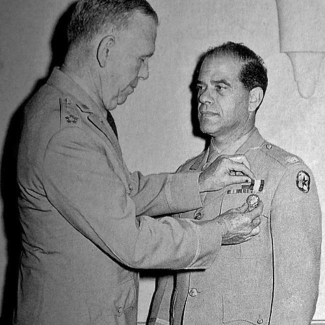 Frank Capra seen receiving the Distinguished Service Medal from the U.S. Army Chief of Staff General George C. Marshall in 1945