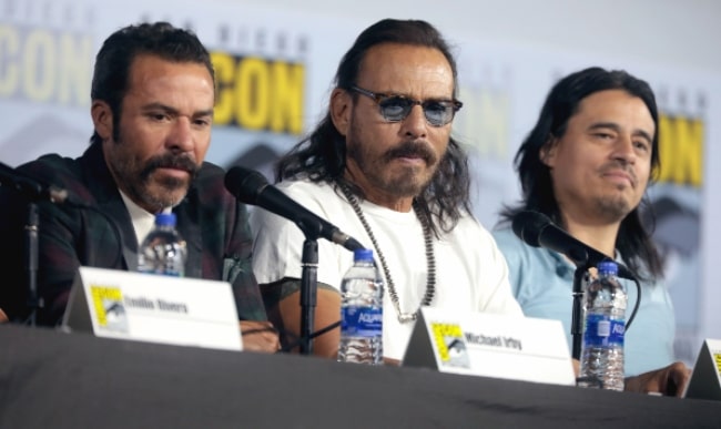 From Left to Right - Michael Irby, Raoul Trujillo, and Antonio Jaramillo speaking at the 2019 San Diego Comic Con International, for 'Mayans MC', at the San Diego Convention Center in San Diego, California
