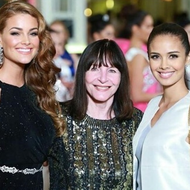 Julia Morley as seen in a picture with Miss World 2014' Rolene Strauss & Miss World 2013' Megan Young in June 2016