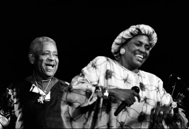 Miriam Makeba as seen along with Dizzy Gillespie during a concert in Calvados, France in 1991