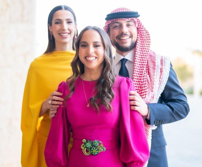 Princess Salma bint Abdullah (Center) with her older brother Hussein, Crown Prince of Jordan and his wife Rajwa Al Saif in an Instagram post in March 2023