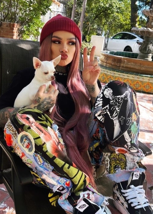 Snow Tha Product as seen in a picture with her pet Chihuahua in February 2023, in Los Angeles, California