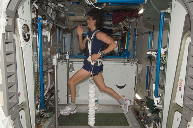 Sunita Williams as seen exercising on COLBERT during the ISS Expedition 32 in 2012