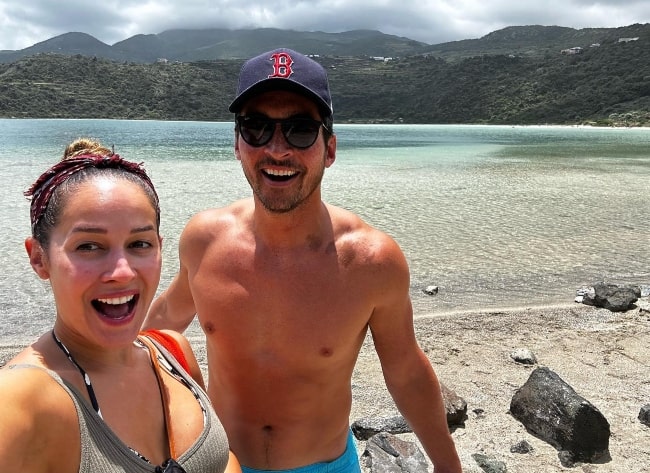 Jay Hayden as seen shirtless in a selfie with Jaina Lee Ortiz at Lago Specchio di Venere in Italy in July 2023