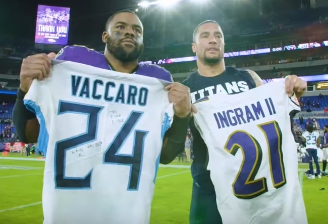 Mark Ingram II (Left) as seen while posing for a picture alongside Kenny Vaccaro in the AFC Divisional Round of the playoffs in 2020