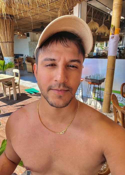 Pranay Pachauri as seen while taking a shirtless selfie at Penida Colada Beach Bar in Bali, Indonesia in July 2023