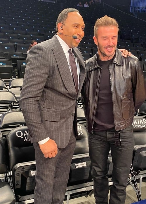 Stephen A. Smith as seen in a picture with legendary soccer player David Beckham in November 2021, Brooklyn, New York