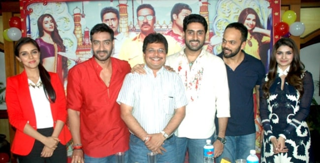 From Left to Right - Asin, Ajay Devgn, Asit Kumarr Modi, Abhishek Bachchan, Rohit Shetty, and Prachi Desai as seen while posing for the camera on the set of 'Taarak Mehta Ka Ooltah Chashmah'