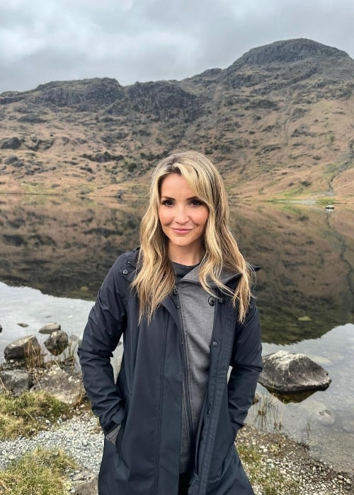 Helen Skelton as seen while smiling for a picture in the Lake District, Cumbria in the United Kingdom in May 2023