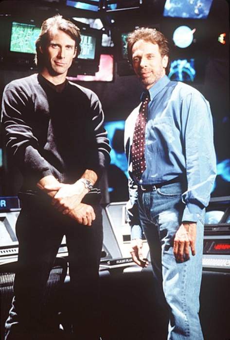 Jerry Bruckheimer (right) as seen with director Michael Bay during the filming of the 1998 film Armageddon