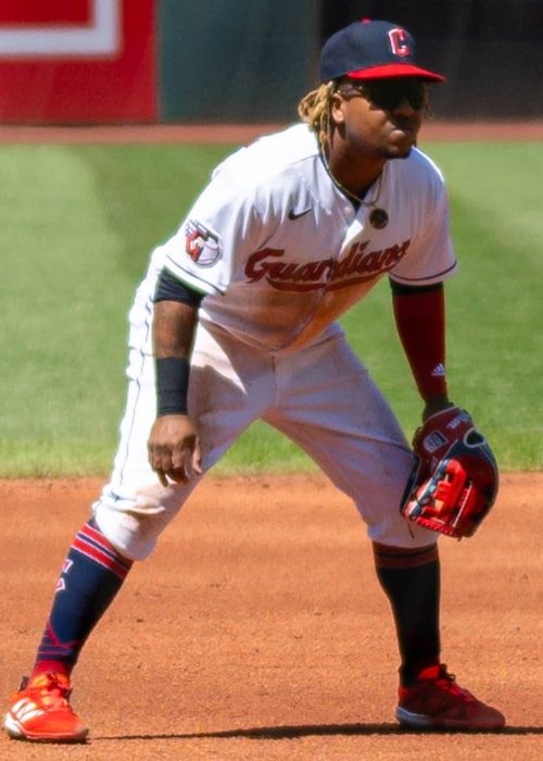 José Ramírez as seen at third base for the Cleveland Guardians during a game at Progressive Field on May 7, 2022