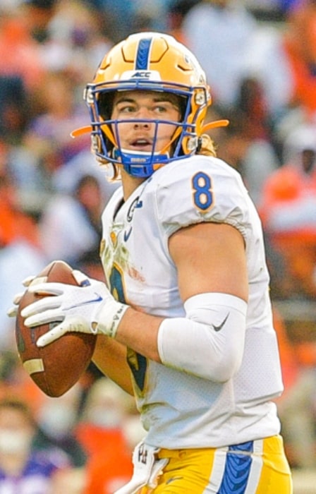 Kenny Pickett as seen with the Pittsburgh Panthers, ready to pass during a game against the Clemson Tigers in the second quarter at Memorial Stadium in South Carolina on November 28, 2020