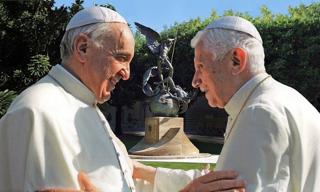 Pope Benedict XVI (Right) as seen with Pope Francis in the Vatican Gardens in July 2013